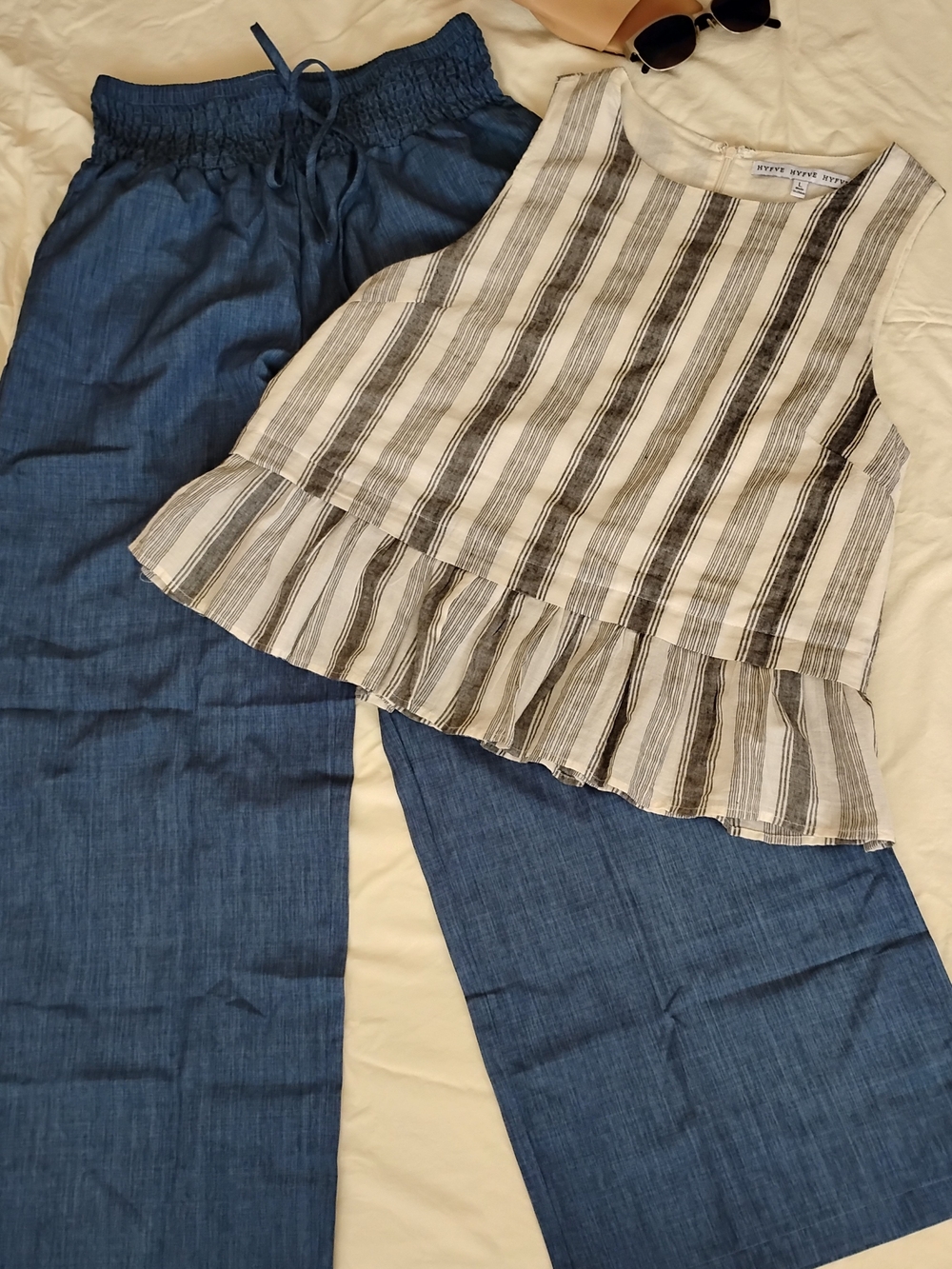 Style & Co. Denim-Look Blue Wide-Leg Drawstring Pants And Sleeveless Crop Top